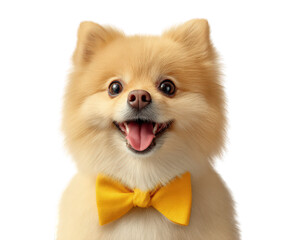 Obraz premium cheerful Pomeranian dog wearing bright yellow bowtie, exuding charm and playfulness. This adorable pet showcases happy expression, perfect for capturing joyful moments