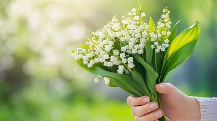 Hand holding a bouquet of delicate white lilies of the valley in a bright, sunny garden setting