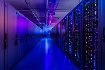 Illuminated server room aisle with rows of data storage units glowing in blue and purple light