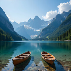 Obraz premium Two wooden rowboats on a serene lake surrounded by mountains and forest under a clear blue sky