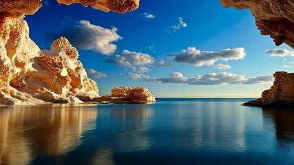 Tranquil scene of a blue ocean reflecting fluffy clouds and warm-toned rock formations creating a serene coastal atmosphere
