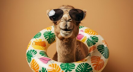 A camel wears sunglasses and a colorful swim ring, looking cheerful and ready for a vacation