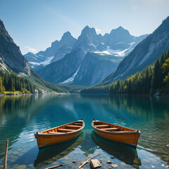 Two wooden rowboats on a clear lake surrounded by mountains and trees on a sunny day scene