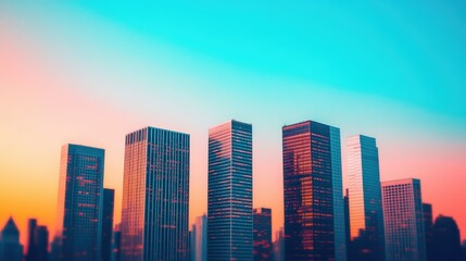 Obraz premium Stunning Urban Skyline at Dusk with Vibrant Colors and Modern Buildings Reflecting Beautiful Sunset Glow
