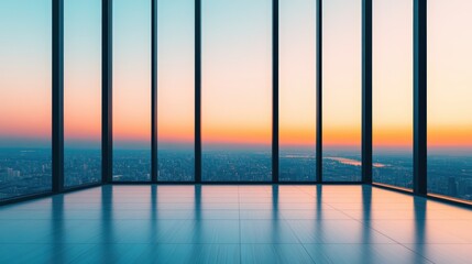Fototapeta premium Stunning View of Urban Cityscape from Modern High-Rise Building with Glass Windows Showcasing Vibrant Sunset and City Infrastructure Below
