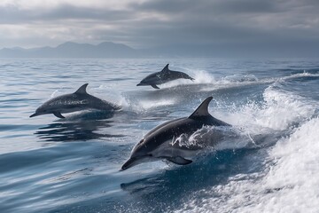 Fototapeta premium Four dolphins swimming and leaping playfully in the ocean waves, capturing the beauty and agility of these creatures.
