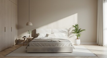 Neutral Bedroom Interior with Bed and Plant