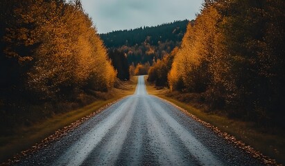 Naklejka premium A photograph of an empty, gravel road flanked by trees in autumn colors leading to the horizon. 
