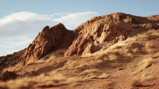 An arid landscape featu rocky hills and sparse dry grasses under a clear blue sky dotted with fluffy white clouds on a bright sunny day in the desert region. - Powered by Adobe