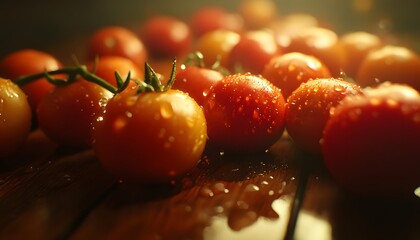 Close-up of different types and sizes of tomatoes on a wooden table, with water droplets, vibrant red colors, a fresh organic look,