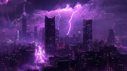 Fototapeta premium A dramatic city skyline enveloped in a violet thunderstorm.