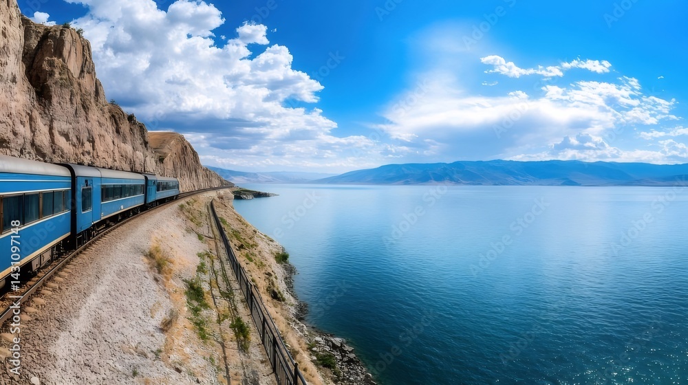 Poster 青い列車が岩壁沿いを走行する美しい湖畔の風景 パノラマの空と雲 夏の冒険旅行の視点