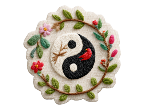 isolated transparent Background. Embroidered yin yang symbol with floral border, showcasing harmony and nature beauty