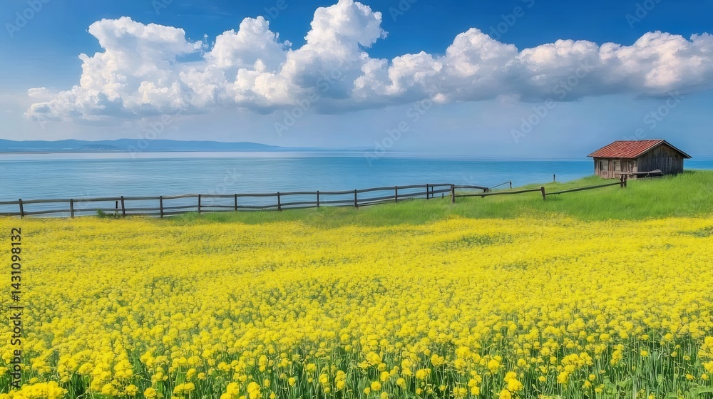 Poster 青い海と白い雲の下に広がる黄色い花の咲く風景 木造の小屋と緑豊かな草地のコントラスト 太陽の下での穏やかな夏の風景