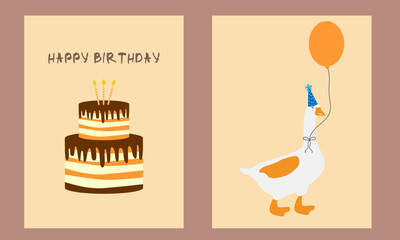 Greeting cards with a cake, candles, a goose and a balloon on a beige background.Vector illustration