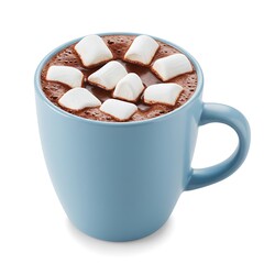 Hot chocolate with marshmallows in blue mug isolated on white background
