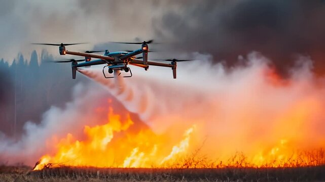 Firefighter drone spraying water on a forest fire.