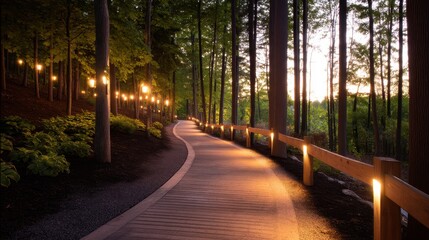 Serene twilight pathway winding through a lush forest illuminated by soft light