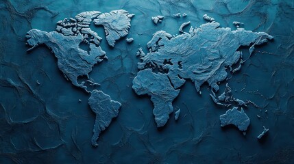 World map relief on textured blue background