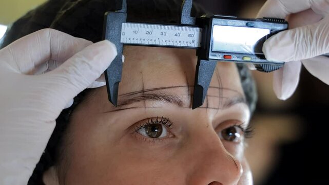 Beautician measuring eyebrows with digital caliper tool on woman's face, symmetrical guideline sketch on forehead for permanent makeup procedure in a professional studio