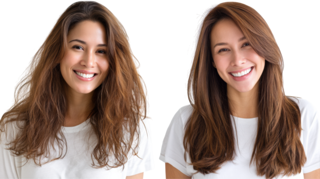 isolated transparent Background. woman with dual hairstyles, one curly and one straight, smiles brightly