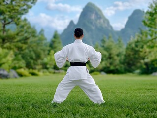Martial Arts Practitioner in White Uniform on Green Lawn, Mountain Background