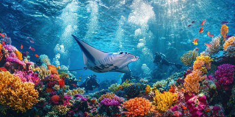 A manta ray swimming near a vibrant coral reef, with scuba divers observing from a distance