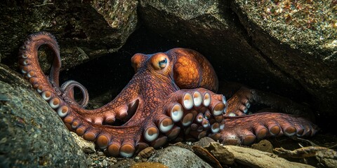 A massive Giant Pacific octopus camouflaged inside a dark underwater cave, its tentacles wrapped around the rocky entrance