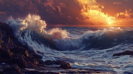 Waves crashing on rocky shore, sunset glow, dramatic