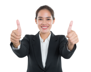 Professional woman in black suit giving thumbs up, expressing positivity and confidence. Her smile conveys enthusiasm and encouragement, making it great image for business or motivational themes