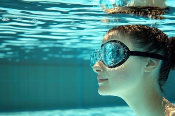 Naklejka premium Swimmer wearing goggles submerged in crystal clear water enjoying underwater experience