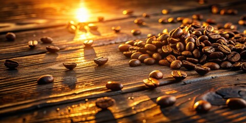 Naklejka premium Golden Hour Coffee Beans Scattered on Rustic Wooden Surface