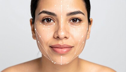  woman with a face made of lines and dots. Lifting lines, advertising of face contour correction, female face skin lifting. Facial rejuvenation concept, cosmetology