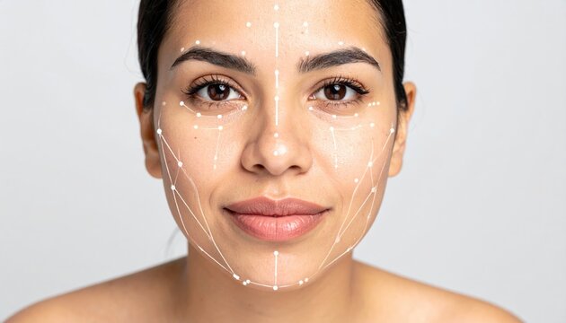  woman with a face made of lines and dots. Lifting lines, advertising of face contour correction, female face skin lifting. Facial rejuvenation concept, cosmetology