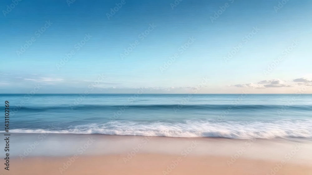 Poster 穏やかな日の出のビーチで青い海と波が砂浜に打ち寄せる風景