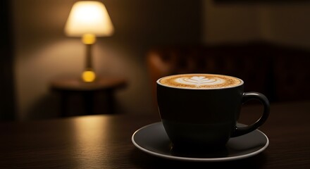 Obraz premium Gourmet coffee cup on wooden table with soft light