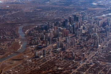 An aerial view of downtown Calgary in Alberta, Canada