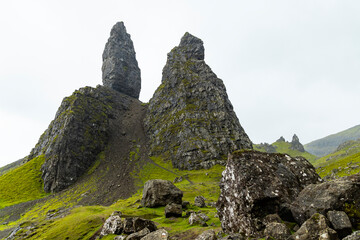 Misty skies and dramatic rock formations at The Storr, Isle of Skye. A breathtaking landscape of pure adventure, solitude, and raw nature perfect for trekking and unforgettable exploration.
