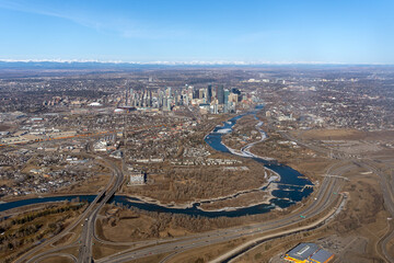 An aerial view of downtown Calgary in Alberta, Canada