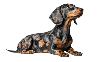 Obraz premium Dachshund Dog Lying Down Looking Up on Transparent Background