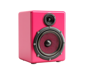 compact sound speaker in vibrant pink color, featuring prominent woofer and tweeter, perfect for adding pop of color to any space while delivering quality audio performance