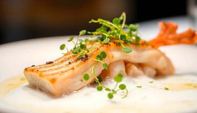 Seared cod with microgreens and shrimp tail on white plate.