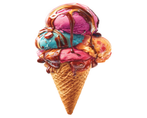 Colorful scoop of ice cream in waffle cone, featuring vibrant flavors like pink, blue, and orange, drizzled with rich caramel sauce, creating delightful and tempting treat