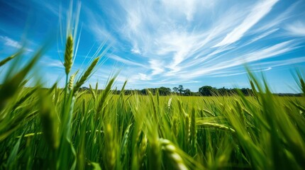Obraz premium Green Wheat Field Against a Bright Blue Sky with White Clouds