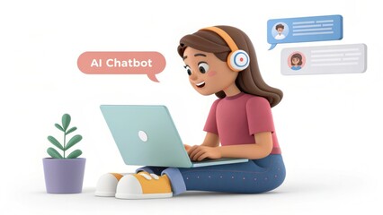 A young girl uses a laptop with headphones, engaging in a conversation with an AI chatbot, accompanied by a small potted plant nearby.