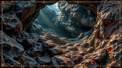 Fractured obsidian glass forms floral mosaics within a dark grotto, lit by blue light and gold details.