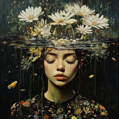 Submerged Woman, Floral, Dark Forest