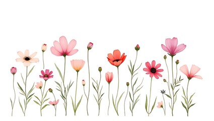 Fototapeta premium Delicate pink coral cosmos flowers bloom elegant botanical illustration soft white background nature