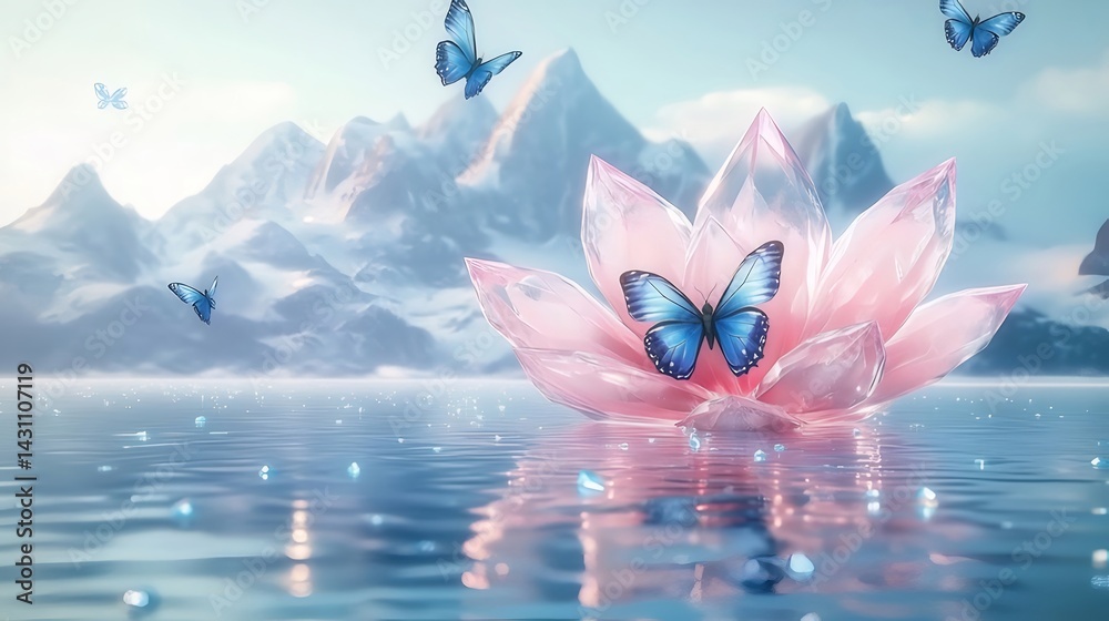 Poster 湖面に浮かぶピンクの蓮の花と青い蝶 水面に映る山々の美しいファンタジー風景