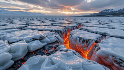 Fractured glacial ice reveals lava fissures amidst volcanic ash under an arctic twilight sky.